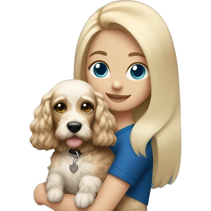 straight blonde hair and dark blue eyed girl holding a white and brown cockapoo dog emoji