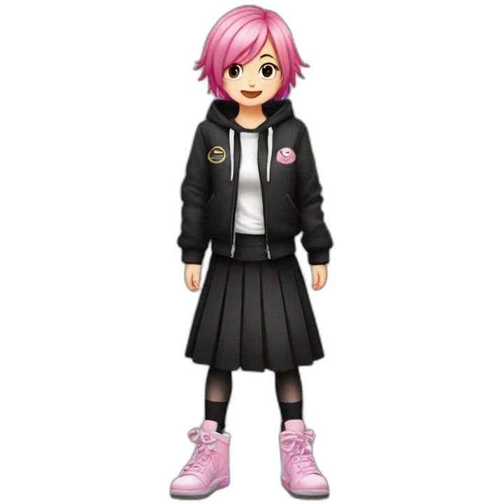 Full body Front view curvy emo girl pink hair sits on the floor straight view hands up black skirt белые трусики рваные полосатые чулки emoji