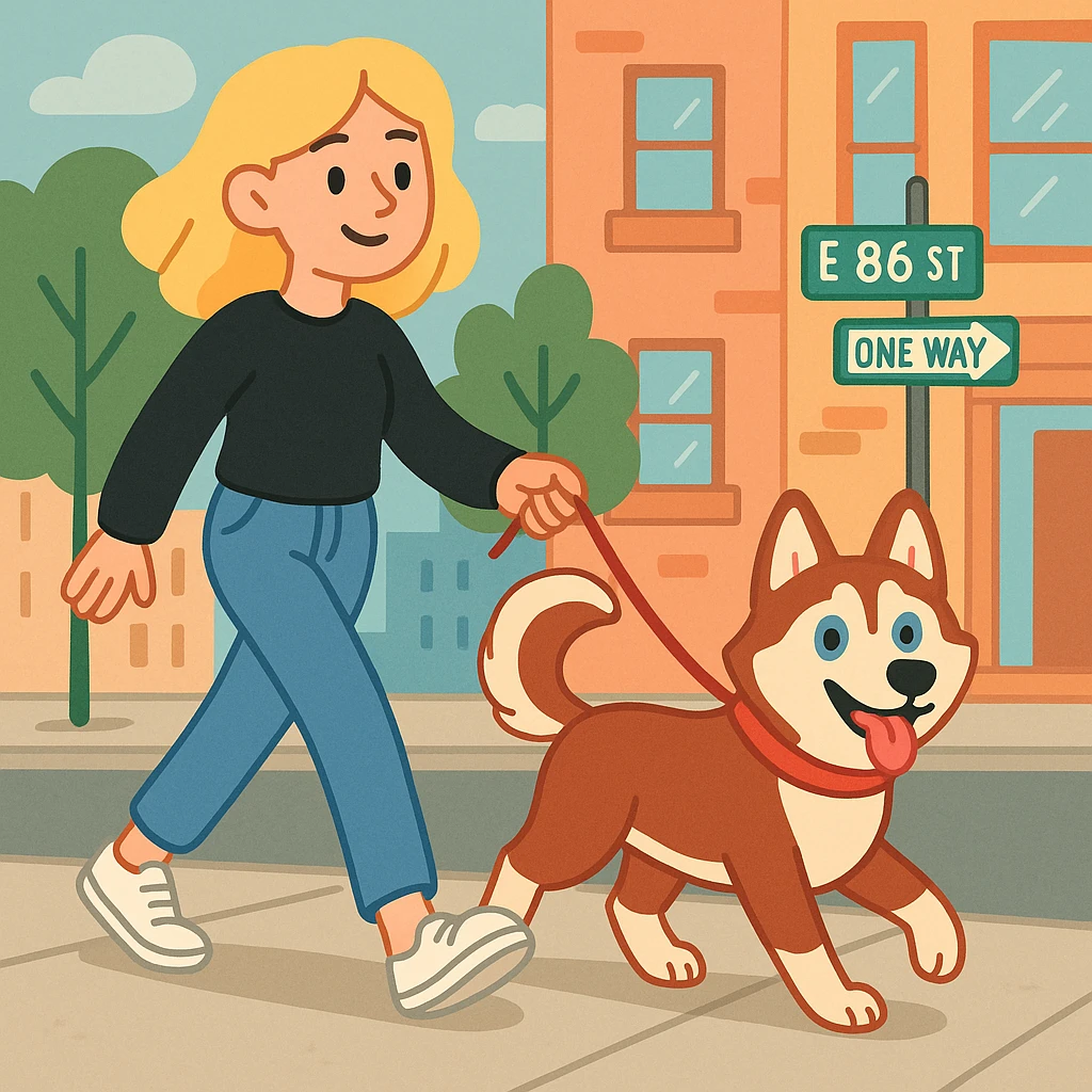 Cute Blonde woman wearing a black sweater and jeans and white sneakers walking a happy red-brown blue-eyed Siberian husky in New York City on an upper east side city sidewalk  emoji
