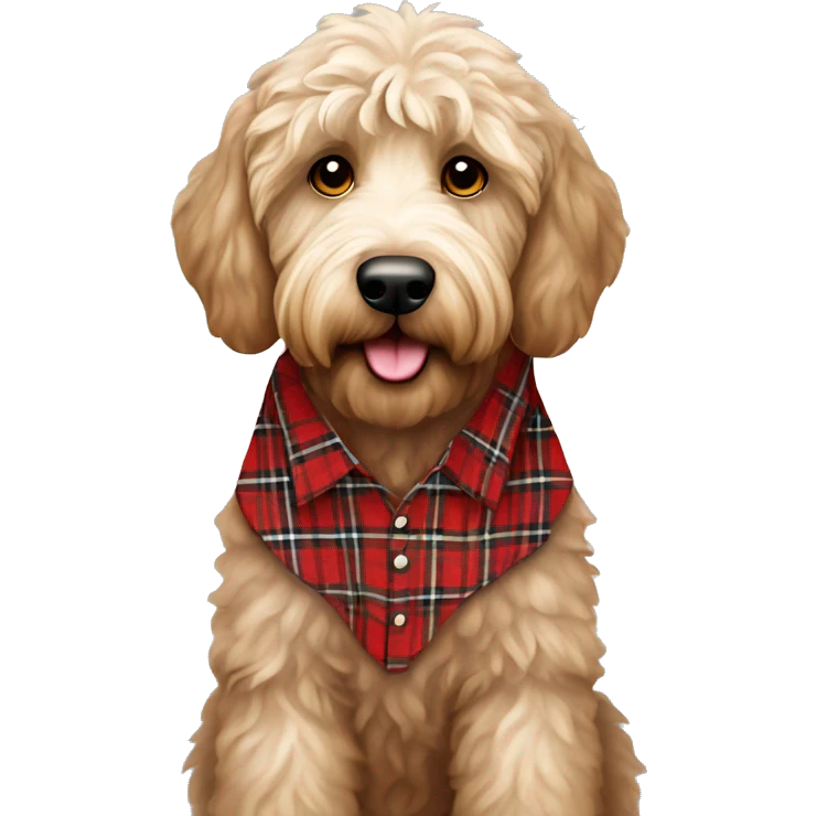 Labradoodle in a white an red tartan shirt emoji
