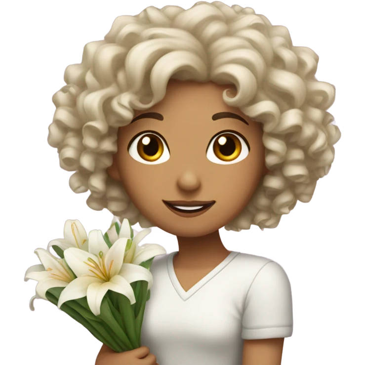Curly haired white girl holds a bouquet of lilies emoji