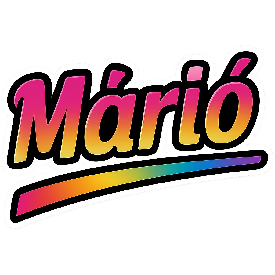 The name 'Márió' in a modern font with smooth gradient coloring, precise Hungarian characters, dark outline, extra thick and prominent white letter border, dynamic slanted underline, rainbow gradient color scheme, 1000x1000 px, PNG, transparent background. emoji