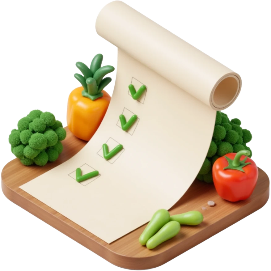 floating rolled paper list with green checkboxes and around vegetables emoji