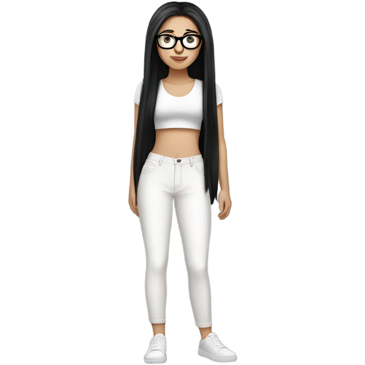 White girl with long straight black hair wearing a white crop top and glasses full body emoji