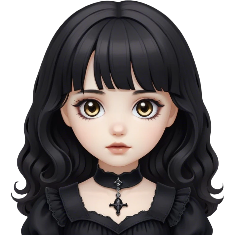 a pale white doll girl with medium black wavy hair and bangs with big light brown eyes wearing black gothic clothes emoji