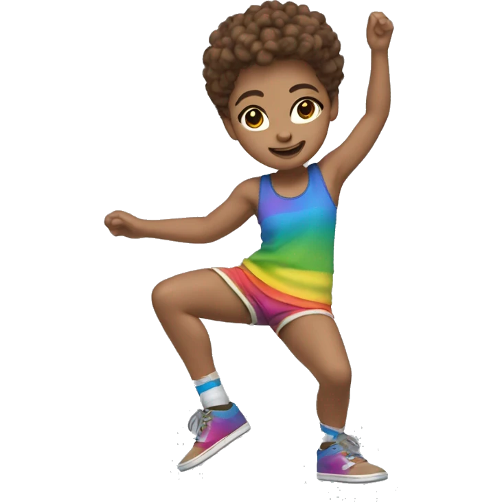 Spinning break dancer, short fuzzy brown hair, fair skin, rainbow shorts emoji