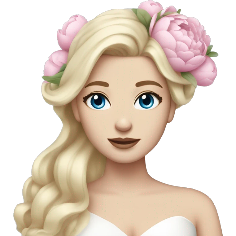 White bride with long light blonde hair and blue eyes with light pink peonies in hair white skin  emoji