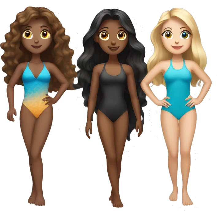 Three women in swimsuits One blonde long hair Blue eyed, One wavy brown long and brown eyes tannish skin, one straight black long hair brown eyes.  emoji
