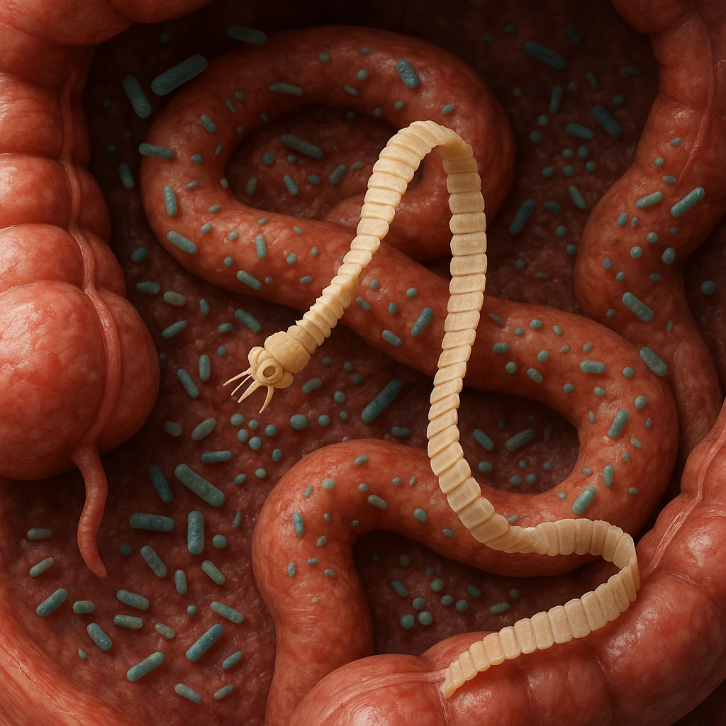 a medical illustration of a human realistic gut with bacteria and parasyte (tenia) realistic 4k real   emoji