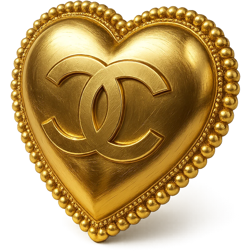 Chanel-inspired heart in metallic gold style with a pearl border and interlocking C's, elegant and classic emoji