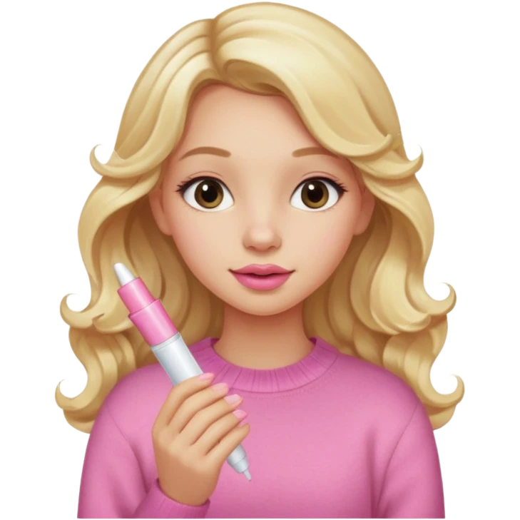 A long curled blonde haired  young girl with a pink sweater and holding a clear lip gloss emoji