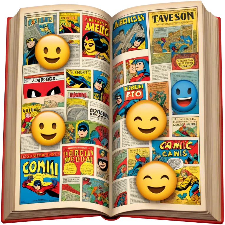 detailed and vintage-inspired emoji representing comic magazines and graphic novels as a storytelling art form. a large, open comic book with pages filled with classic American comic book panels. classic feel of old-school comic books a graphic novel. background transparent emoji