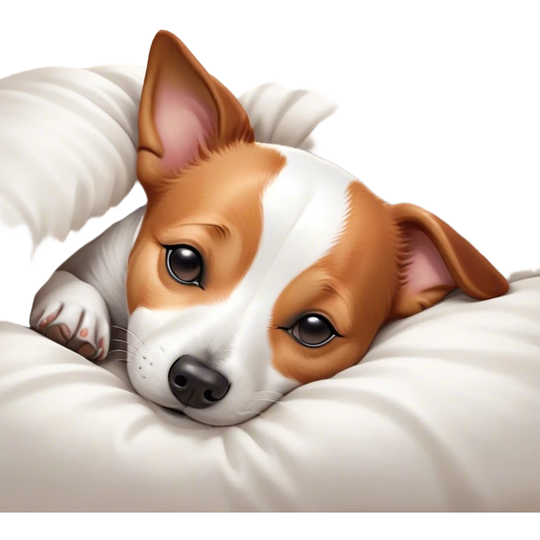 Meme-Worthy Cute Sleeping Jack Russell Terrier Portrait Emoji, Head and body resting peacefully with a contented smile, showcasing a compact, alert yet relaxed form with eyes gently closed in serene slumber, Simplified yet adorably endearing features, highly detailed, glowing with a soft, drowsy canine light, high shine, relaxed and utterly lovable, stylized with an air of playful laziness, soft glowing outline, capturing the essence of a sleeping Jack Russell Terrier that feels destined to become the next viral icon of adorable rest! emoji
