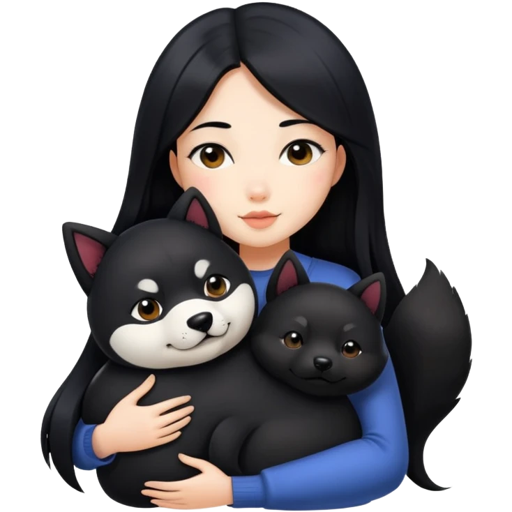 A beautiful girl with long black hair hugs a black Shiba Inu emoji