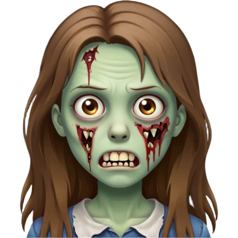 Girl zombie with brown long hair with teeth and serious face IOS style emoji