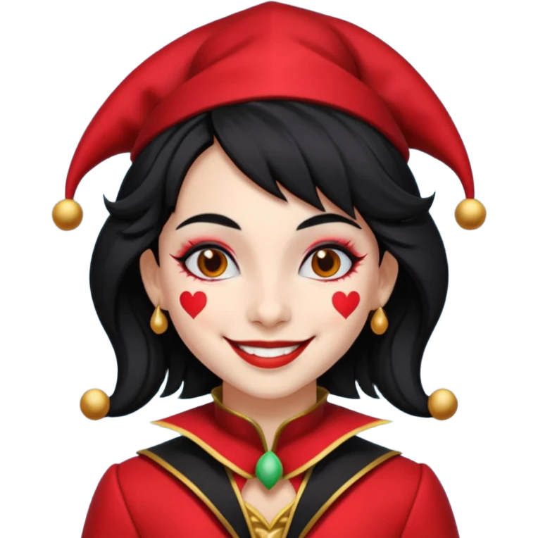 Jester girl, black and red suit, black hair emoji