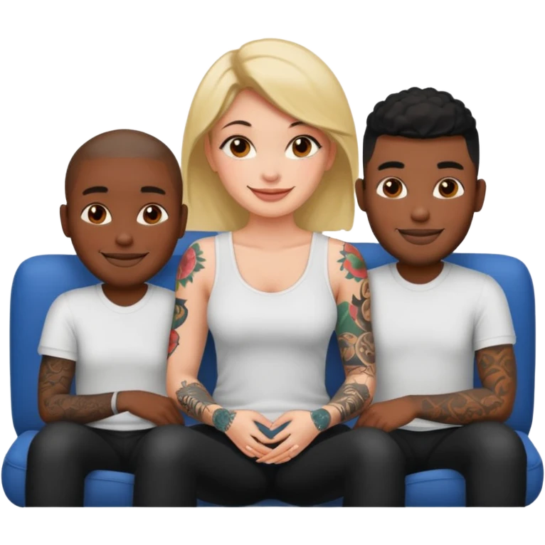 couch, naked people sitting: tattoed female, 2 black males emoji