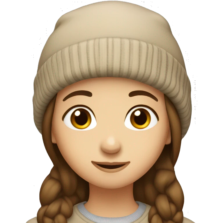 Medium-length brown hair, beige beanie, soft smile, round eyes, calm expression. emoji