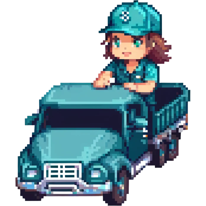 pixel art, cute dump truck, navy blue and teal green, Mariners baseball cap, driving action pose emoji