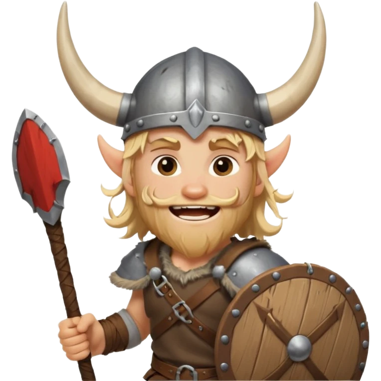 A young Viking warrior with messy blond hair, wooden shield, and fierce excited grin with horned helmet emoji