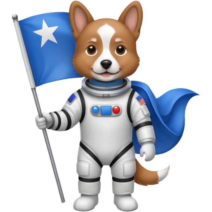 a dog in space suit, holding blue rectangle flag emoji