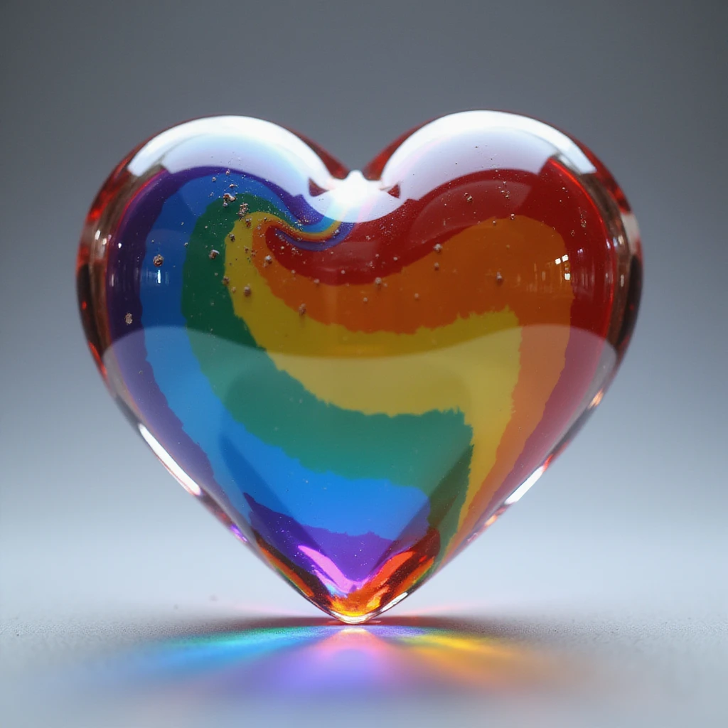 a realistic heart made of glass, filled with rainbow pride colors, photorealistic style emoji