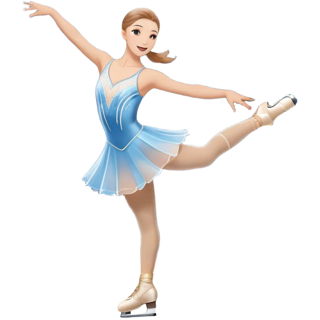 An icon featuring a graceful figure skater performing an elegant spin on a shiny ice rink. The background includes twinkling lights, a snowy winter scene, and cheering fans in the stands. Transparent background highlights the beauty, poise, and artistry of figure skating. emoji
