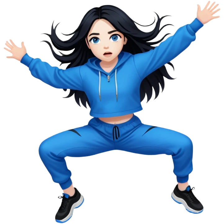 billie eilish with black long hair, blue eyes with dark eyeliner makeup, jumping emoji