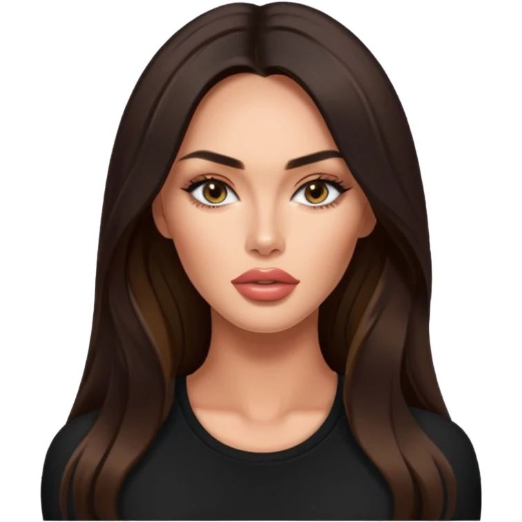Megan fox, fashion model Beautiful woman model adult   large breasts  with monolid narrow eyes tan  skin, full lips  long hair model black   top   emoji