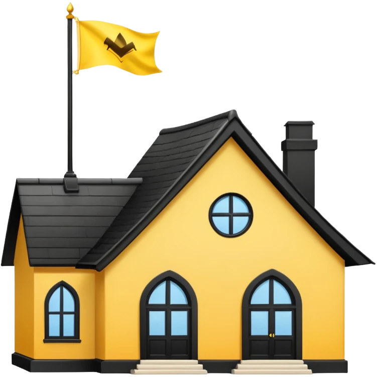 white background, magic school, black roof, with a big flag, big flag on a roof, big yellow flag, white school emoji