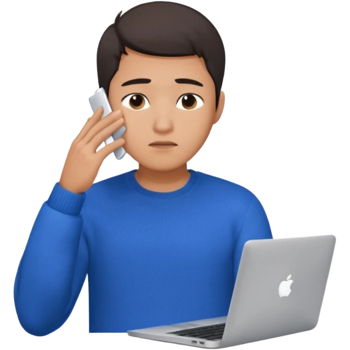 a asian handsome guy wearing a blue knit with white shirt, facepalming with only one hand, with a macbook, only upper body, high quality emoji