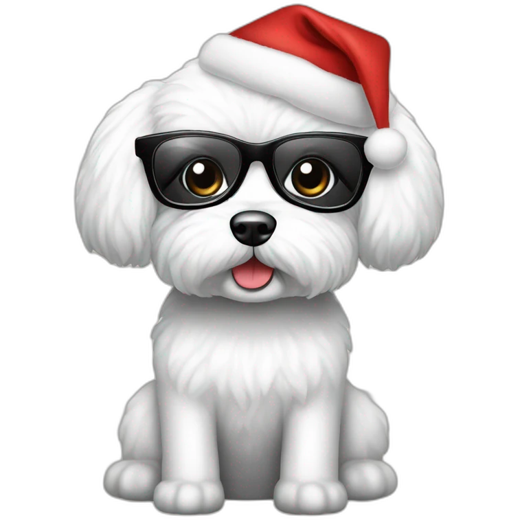 bichon dog-sitting-christmas hat-woman-black hair-glasses emoji