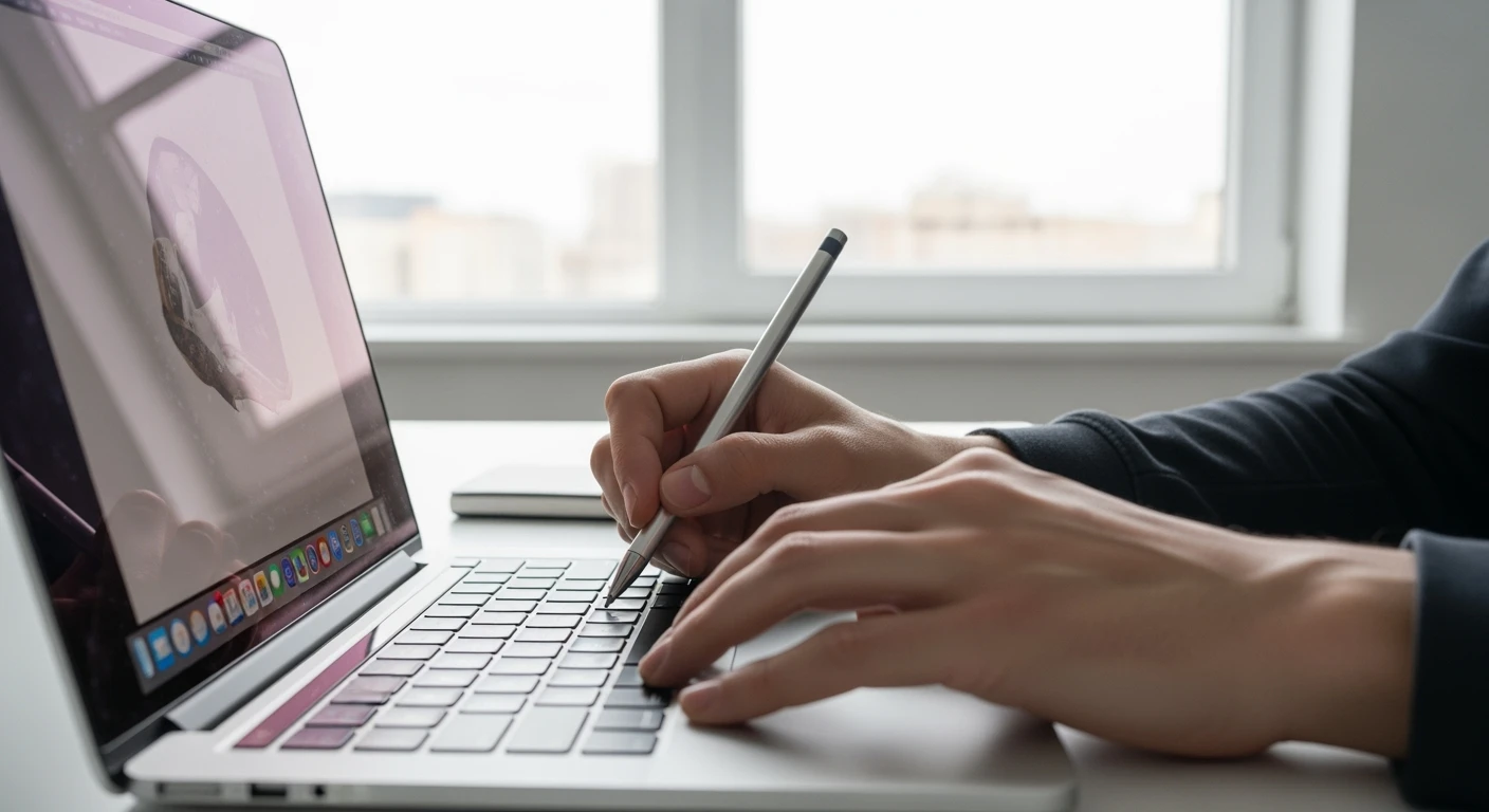 POV shot, Man writing on macbook pro keyboard, minimalistic environment emoji
