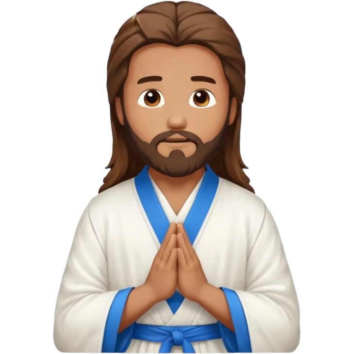 tan man with brown long hair and beard in a white robe and blue sash praying emoji