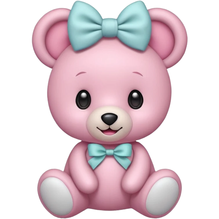 A cute pink teddy bear emoji style, soft plush texture, big round eyes, a sweet smile, wearing a large bow on its head. The bow is pastel pink or white, and the teddy looks cuddly and friendly. Minimalist emoji-style design, clear outlines, centered, white background."
 emoji