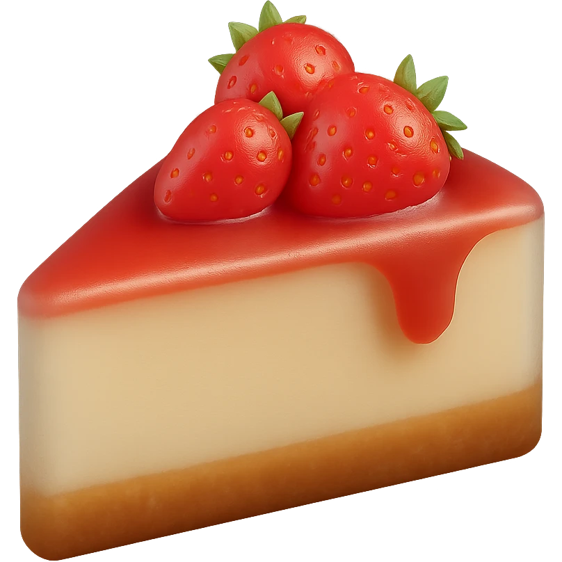 3D matte cheesecake slice, golden graham crust, creamy filling, topped with strawberry sauce and fresh strawberries, soft matte finish emoji