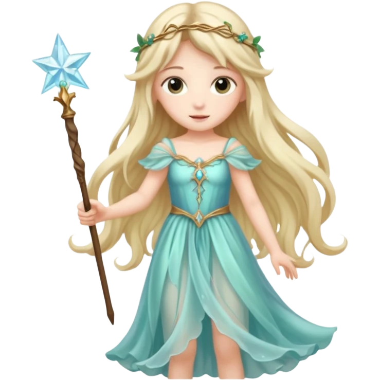 long haired fairy with normal sized eyes and a wand emoji