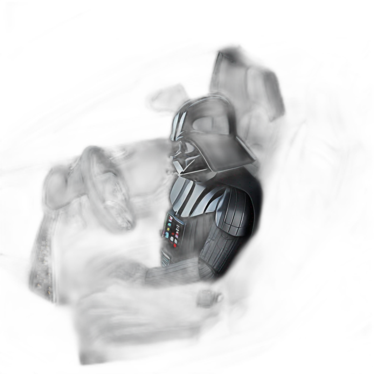 Darth Vader at the wheel of an open top all black Tesla Model 3, grey interior, view form outside emoji