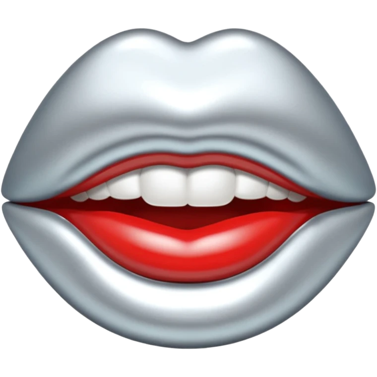 Chrome silver lips emoji, glossy metallic texture, iOS emoji style, smooth reflections, bold but minimal design, centered, silver mouth. all silver emoji