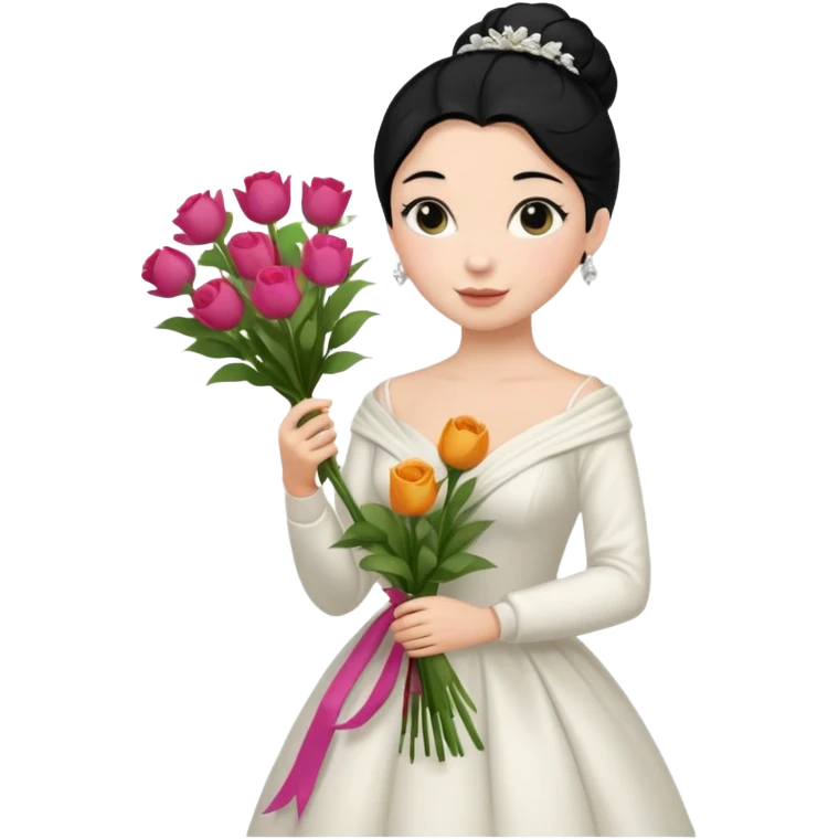 Chica blanca,cuerpo entero, vestido boda ,manga larga ,con estola, pelo negro,    ramo de flores una mano, pelo recogido en moño alto emoji