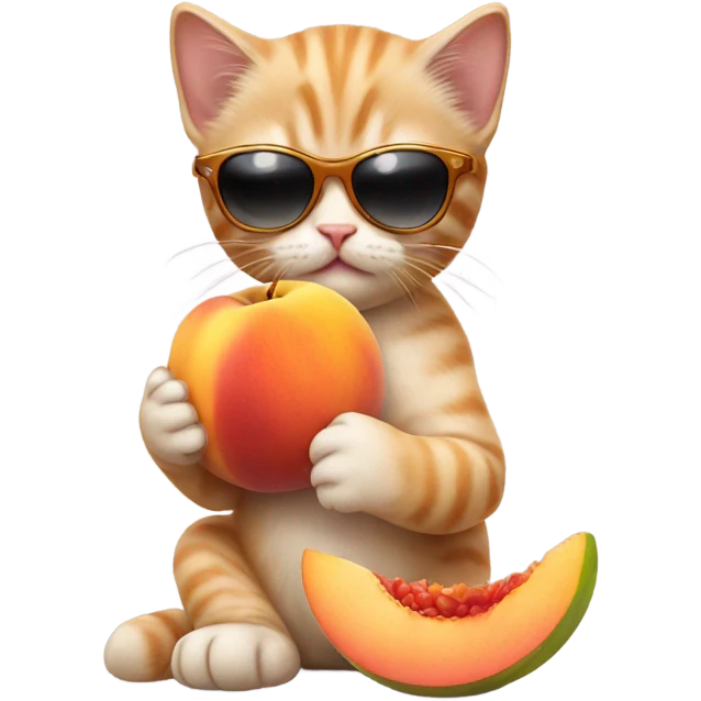 Cute kitten with sunglasses eating a peach emoji