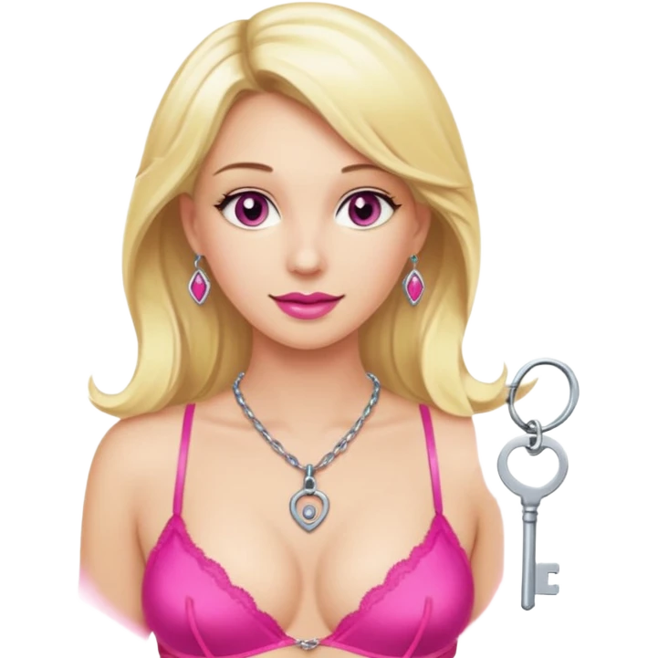 A regular key on a necklace on the neck of a blonde woman wearing hot pink lingerie emoji