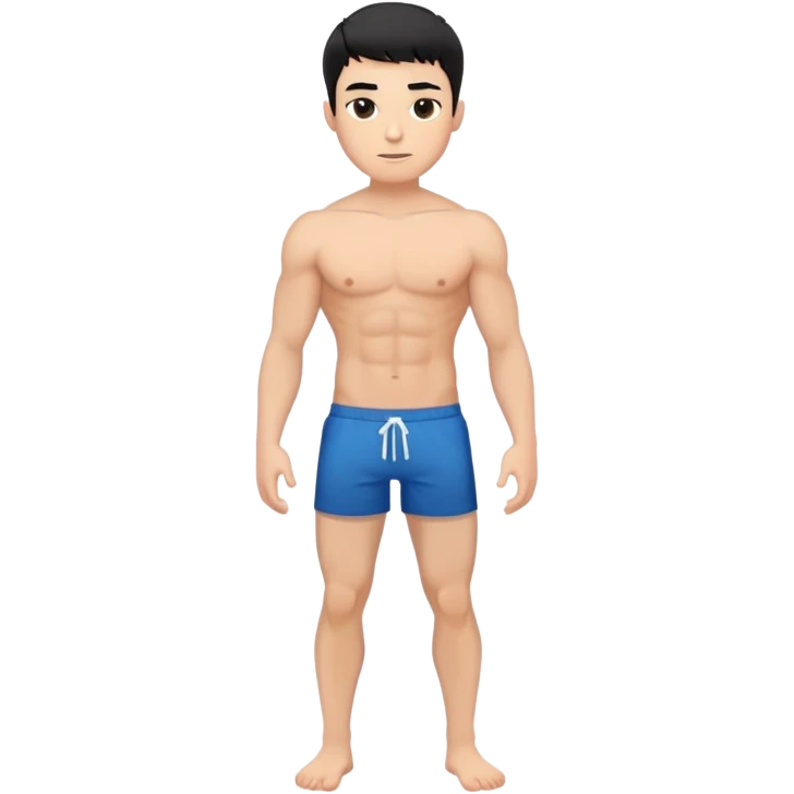 young white man with short black hair, shirtless, muscular, full body without shoes emoji