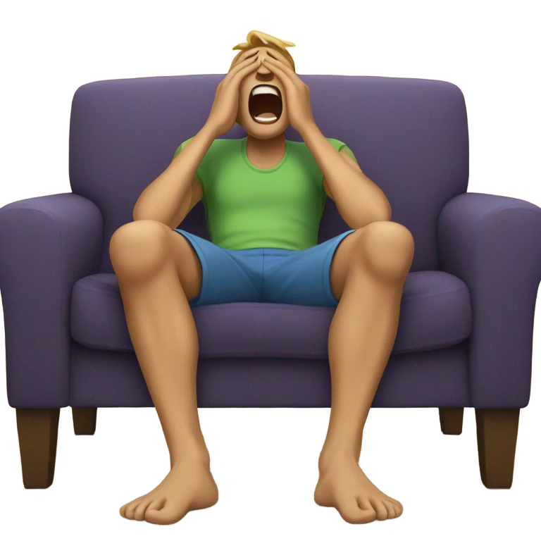 Man on a couch screaming in agony without shoes with very big feet emoji