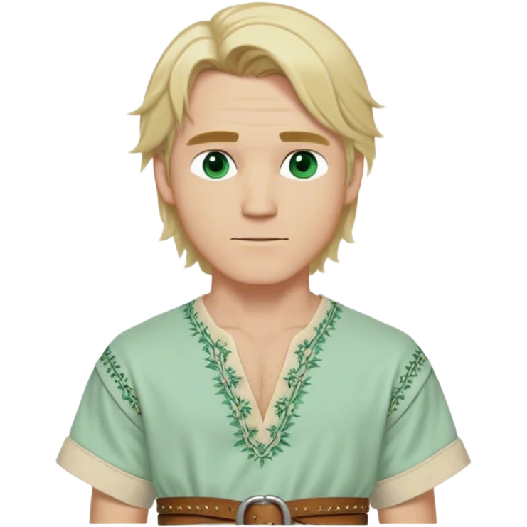 Medieval summer outfit worn by a DnD themed fantasy male character. Light cotton tunic in natural cream color with short sleeves, embroidered with simple floral patterns at the hem, paired with a thin leather belt. Clothes only above the waist, full waist coverage. The character has no arms. Character is white-skinned with sun-bleached blonde hair in shoulder-length layers, partially tied back with a leather cord, sea-green eyes, and defined cheekbones. emoji