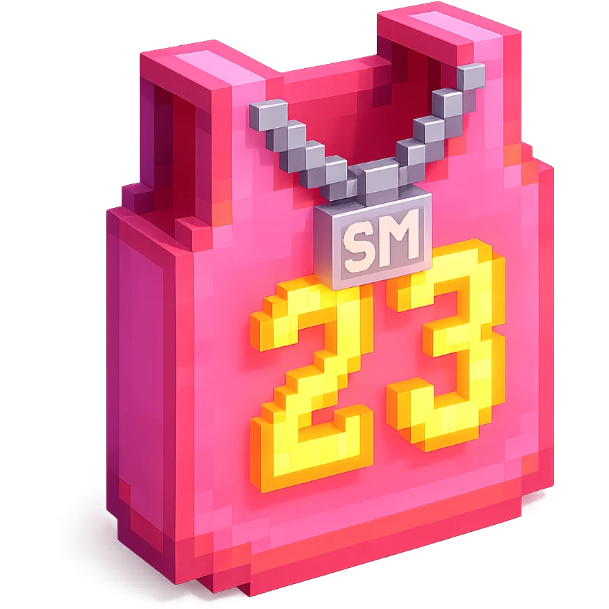 светящейся розовая баскетбольная майка с надписью "23" и серебряная цепь с надписью "SM", no background emoji