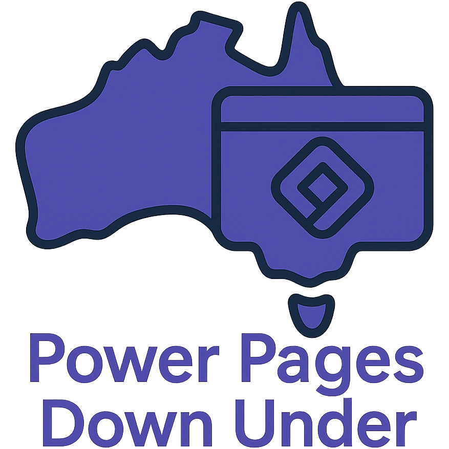 Update the text to 'Power Pages Down Under' in the same clean, modern font style below the map of Australia with the official Microsoft Power Pages icon overlay. Use #403DAD as the main color, no digital web overlay emoji
