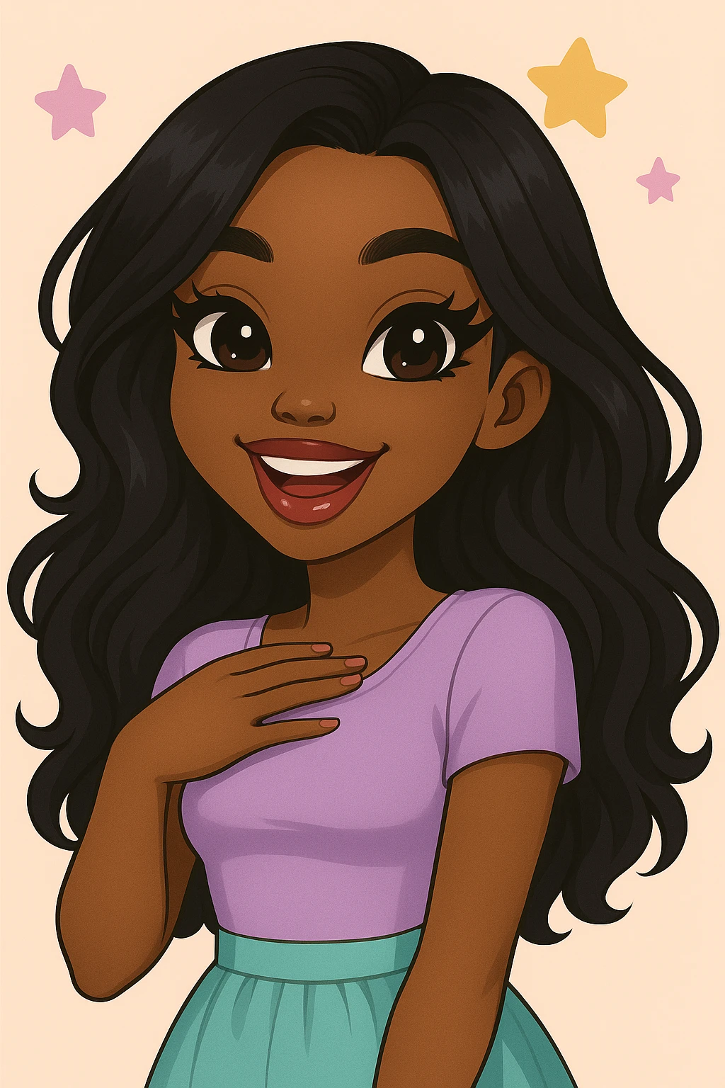 Change her expression to happy, keep her as a 20-year-old anime Bratz style woman with dark skin, dark hair, cute pastel Y2K look, big expressive eyes, and glossy lips. No tears. Maintain the anime Bratz style look. emoji