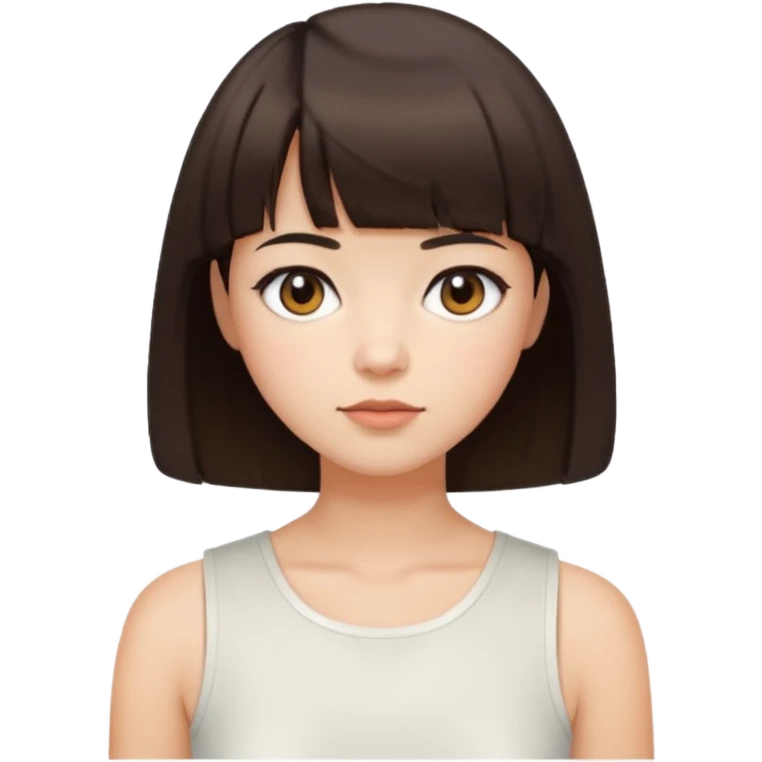 a short bob with bangs and dark brown hair. They have a calm expression, fair skin, and wear a sleeveless white cropped top emoji