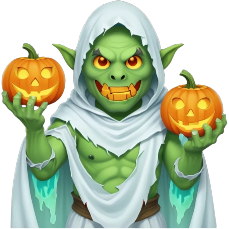 male orc ghost emoji, green skin, tusks, wearing torn white ghost sheet costume, holding glowing jack-o'-lantern, faint blue aura, friendly but spooky expression, Halloween fantasy theme, Apple emoji style, clean white background, square emoji